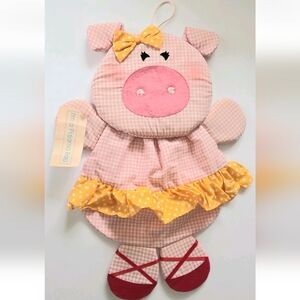 VINTAGE RUSS BERRIE PENNY PIG PAJAMA BAG, PINK GINGHAM CHECK, TAG ATTACHED